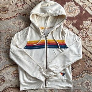 Aviator Nation Ivory Zip Hoodie with Retro Rainbow Stripe